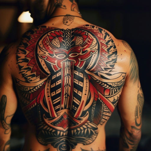 Red tattoos with tribal elements, in the style of Ami James