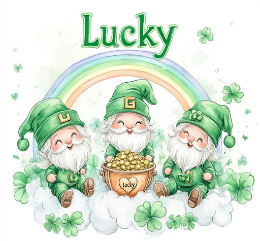 Three cute gnomes sitting on a lucky cloud
