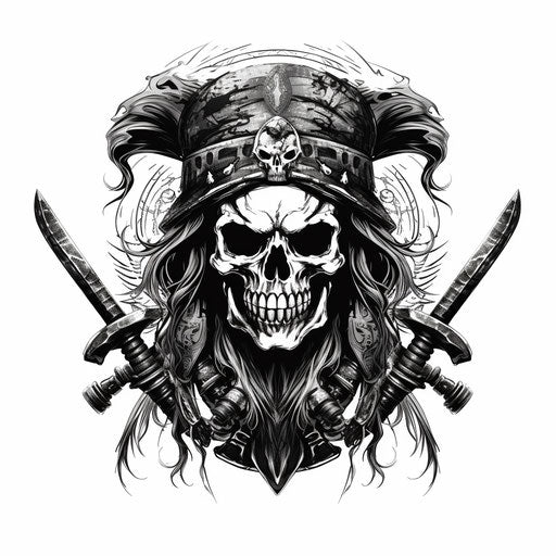 Pirate skull and swords drawing, monochromatic graphic style