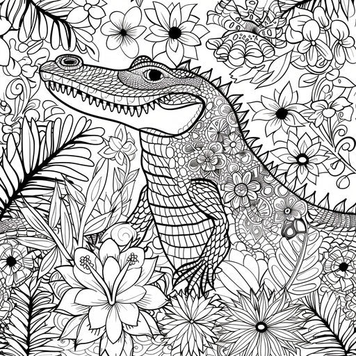 Crocodile in jungle with plants and flowers, detailed patterns