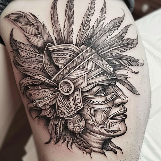 Aztec warrior mask in dotwork on white backdrop