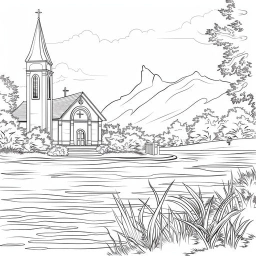 Peaceful church by a lake with reflection in the water. Coloring book page