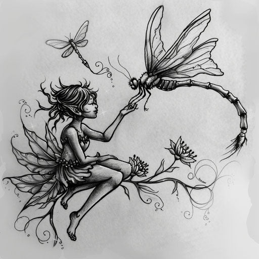 Fairy and dragonfly in harmony with nature on white canvas