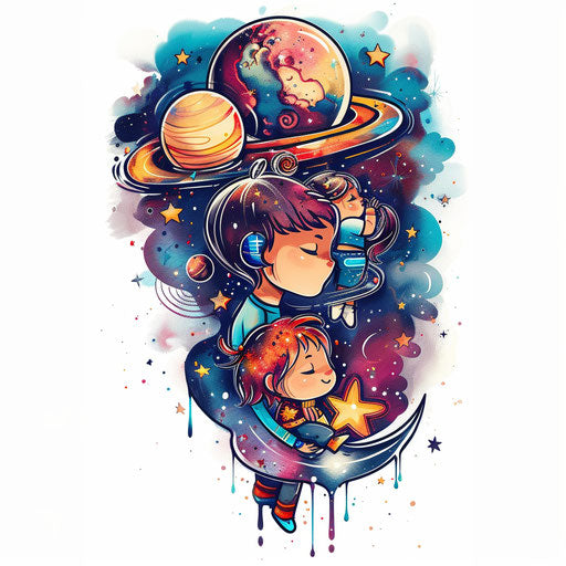 Three children in cosmic galaxy - mom's tattoo sketch