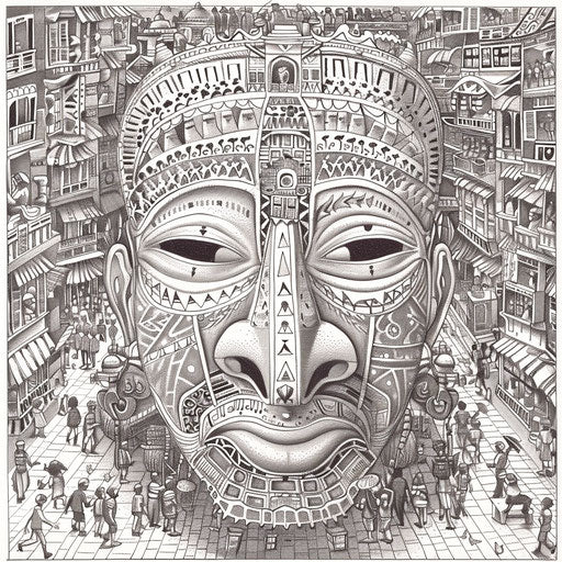 Detailed market mask with bustling activity, coloring book page