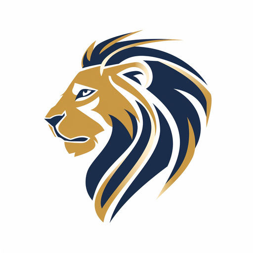 Modern lion sports logo in gold and blue on minimalist white background