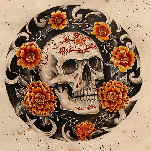 Dynamic flat tattoo sketch of a Calavera surrounded by swirling marigold flowers