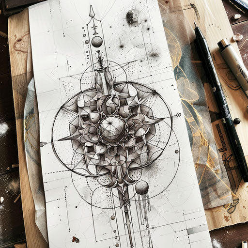 Surreal tattoo sketch of the Flower of Life, with cosmic elements
