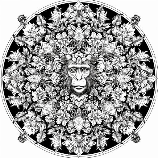 Detailed mandala with monkey surrounded by leaves and flowers