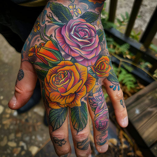 Rose hand tattoo in the style of Guy Aitchison with vibrant, psychedelic roses