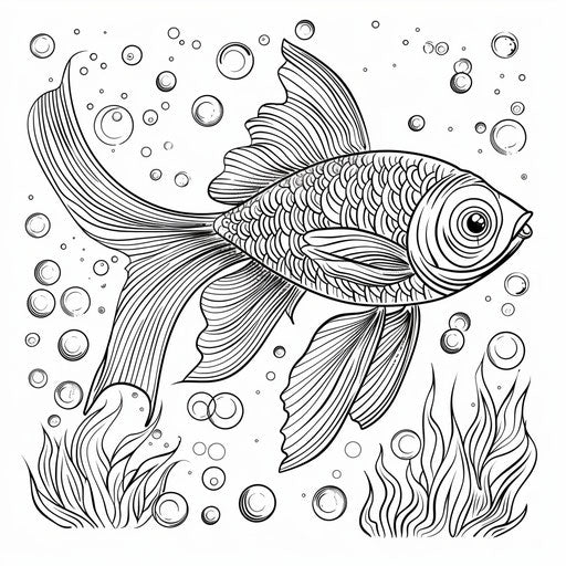 Fish swimming with bubbles, coloring book page