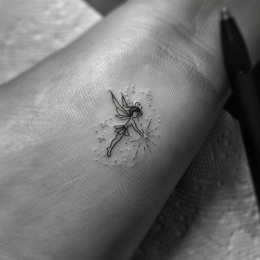 Minimalist sparkling tattoo sketch with a delicate fairy silhouette surrounded by tiny sparkling stars
