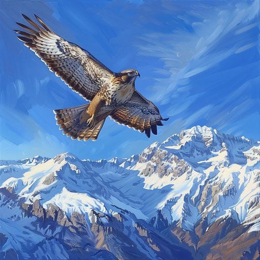 Swainson's hawk soaring over a snow-capped mountain range