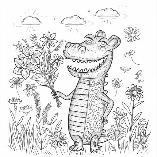 A whimsical alligator holding a bouquet of flowers in a sunny meadow