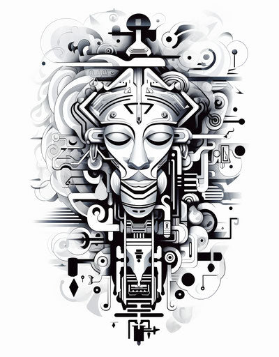 Ornamental black and white tattoo design in afrofuturism style