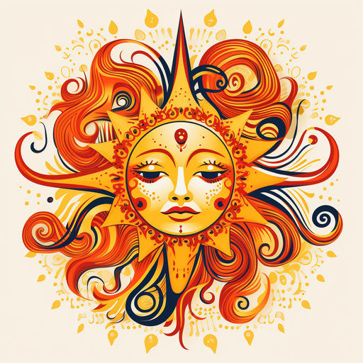 Sun face with rays and red hair