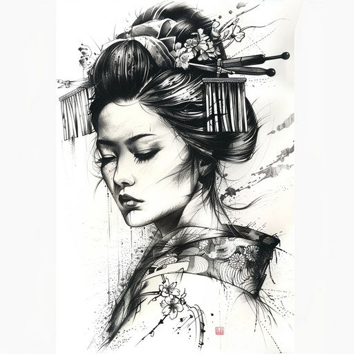Illustration of a black and white geisha tattoo, ink style, detailed face and kimono, on white background.