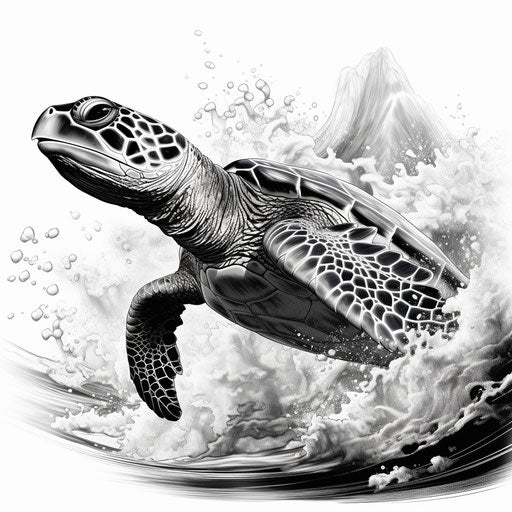 Sea turtle swims with wave, meticulous inking style