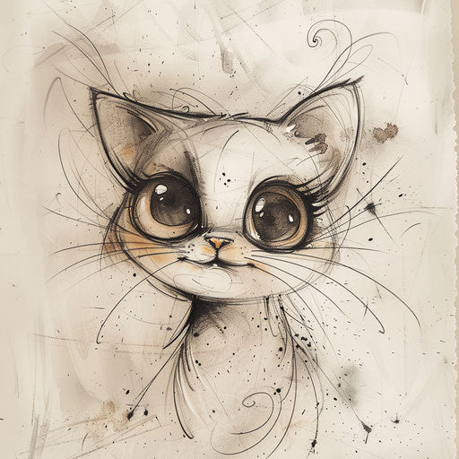 A charming tattoo sketch of a cat with big eyes