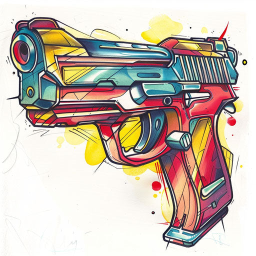 Pop art tattoo design of a cartoonish gun with bold outlines and primary colors, popping against a white background.