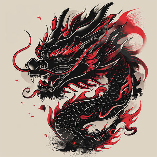 Flat Sak Yant tattoo sketch with fierce dragon