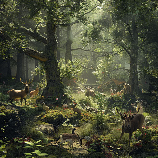 Hidden glade with peaceful wild animals