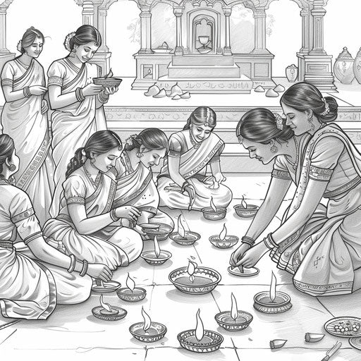 A playful scene of a group of friends lighting Diyas together. Coloring book page