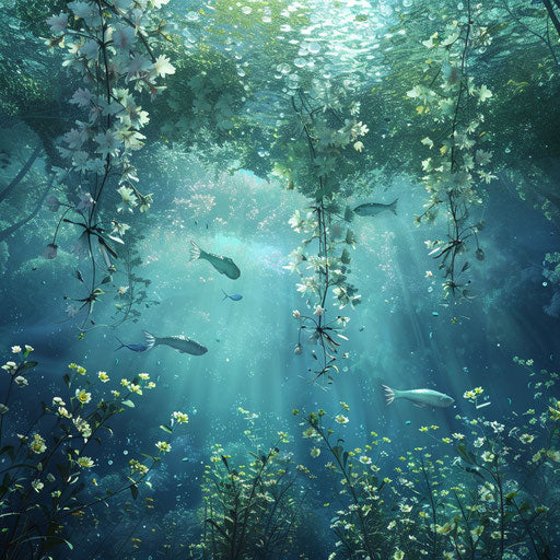 Fish swimming under a canopy of underwater flowers