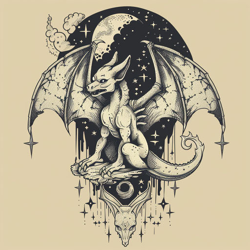 Surreal clipart of gargoyle blending with celestial motifs