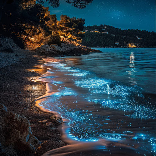 Hvar Beach with sparkling bioluminescent waves at night