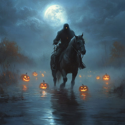 Headless rider on misty lake under full moon