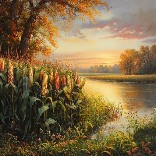 Corn field by a calm river in golden twilight