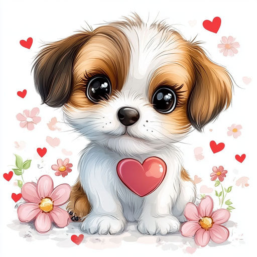 Adorable puppy with heart and flowers, cartoon style on white