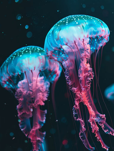Two jelly fish floating on a dark background