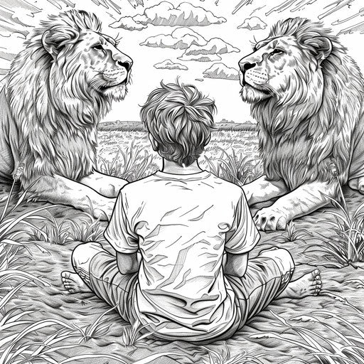 Daniel with lions in a serene moment, Stephen Wiltshire style, Coloring book page