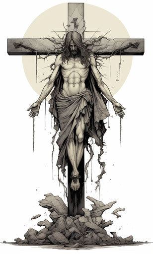 Cross with Jesus, Frank Cho style, line drawing