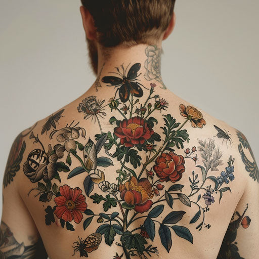 Exotic botanical back tattoos for men with flowers and insects