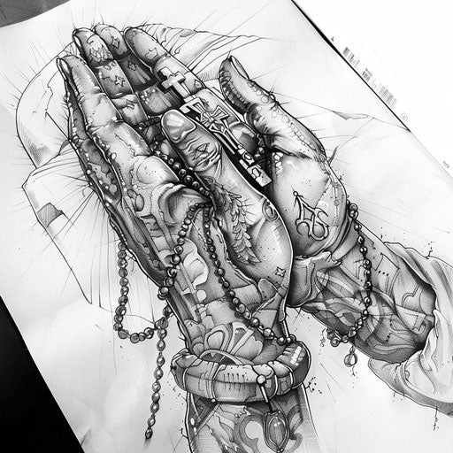 Sketch of tattoo praying hands of Chicano art