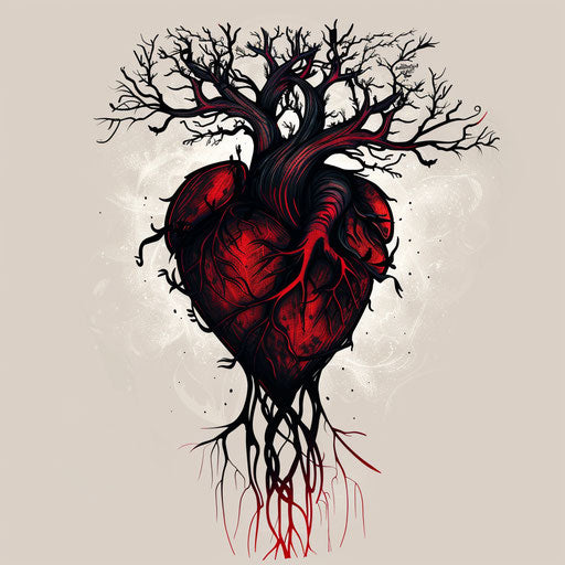 Flat tattoo sketch clipart of a heart with family names as roots, deep red and black