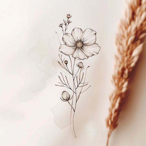 Minimalist black line tattoo sketch of October birth flower on subtle watercolor background