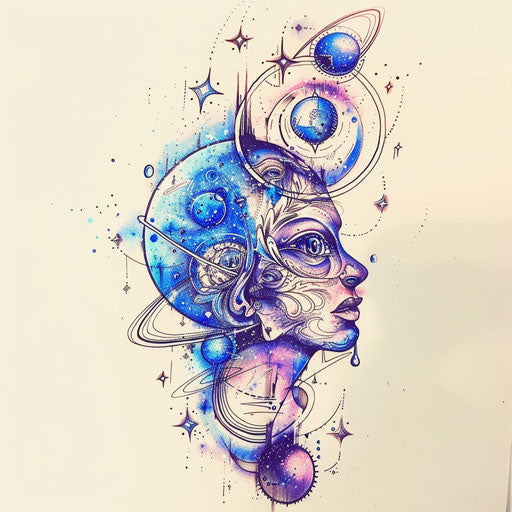 Surreal flat tattoo sketch for 13 tattoo blending cosmic and dreamlike elements in blue and purple
