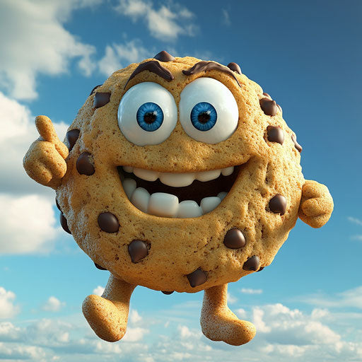 Humorous caricature of a chocolate chip cookie with human characteristics and exaggerated big eyes