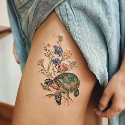 Wildflower tattoo with turtle, oceanic theme