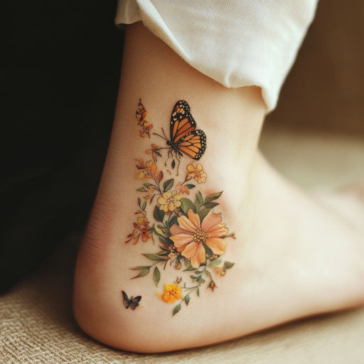 Women's ankle tattoos with delicate butterfly and floral accents