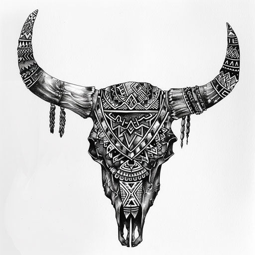 Bull skull tattoo with Aztec symbols and patterns
