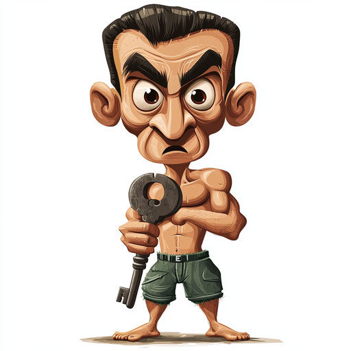 Humorous caricature of a key clipart with human characteristics, exaggerated pointed nose, muscular arms, detailed textures, vibrant colors, cartoon style, surprised, high resolution, no background, isolated