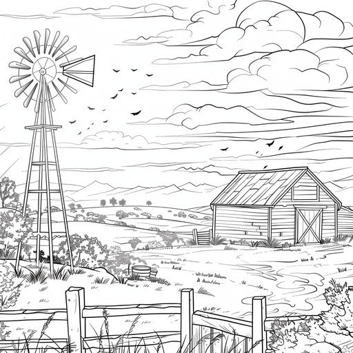 Peaceful sunset scene with a barn and windmill