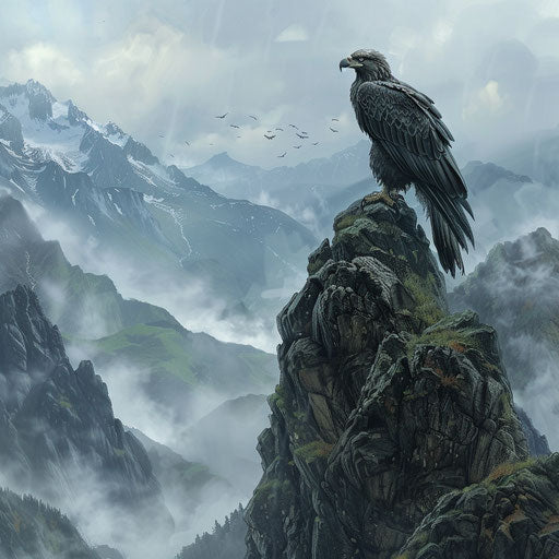 Wedge-tailed eagle on craggy peak overlooking misty valley