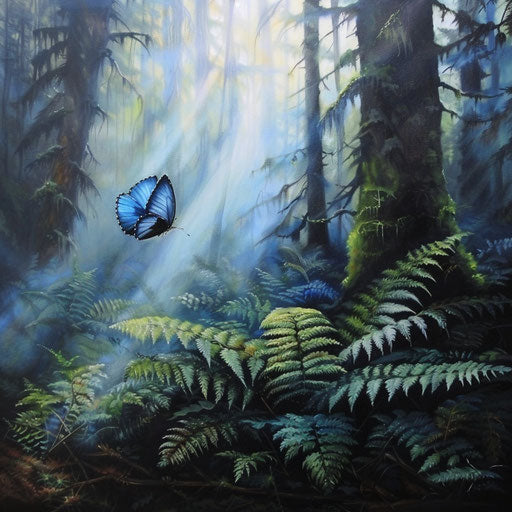 Xerces blue butterfly on a fern in a tranquil clearing