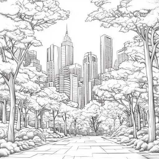 Urban forest with city elements, detailed and realistic